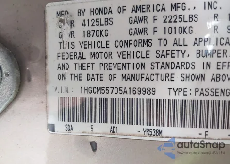 2005 Honda Accord 2.4 Ex z USA, uszkodzony, nr VIN 1HGCM55705A169989
